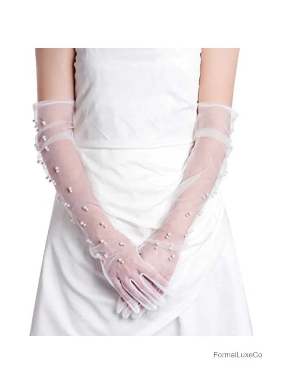 Tulle Sheer Long Pearl Gloves Elbow Length Wedding Bridal Gloves